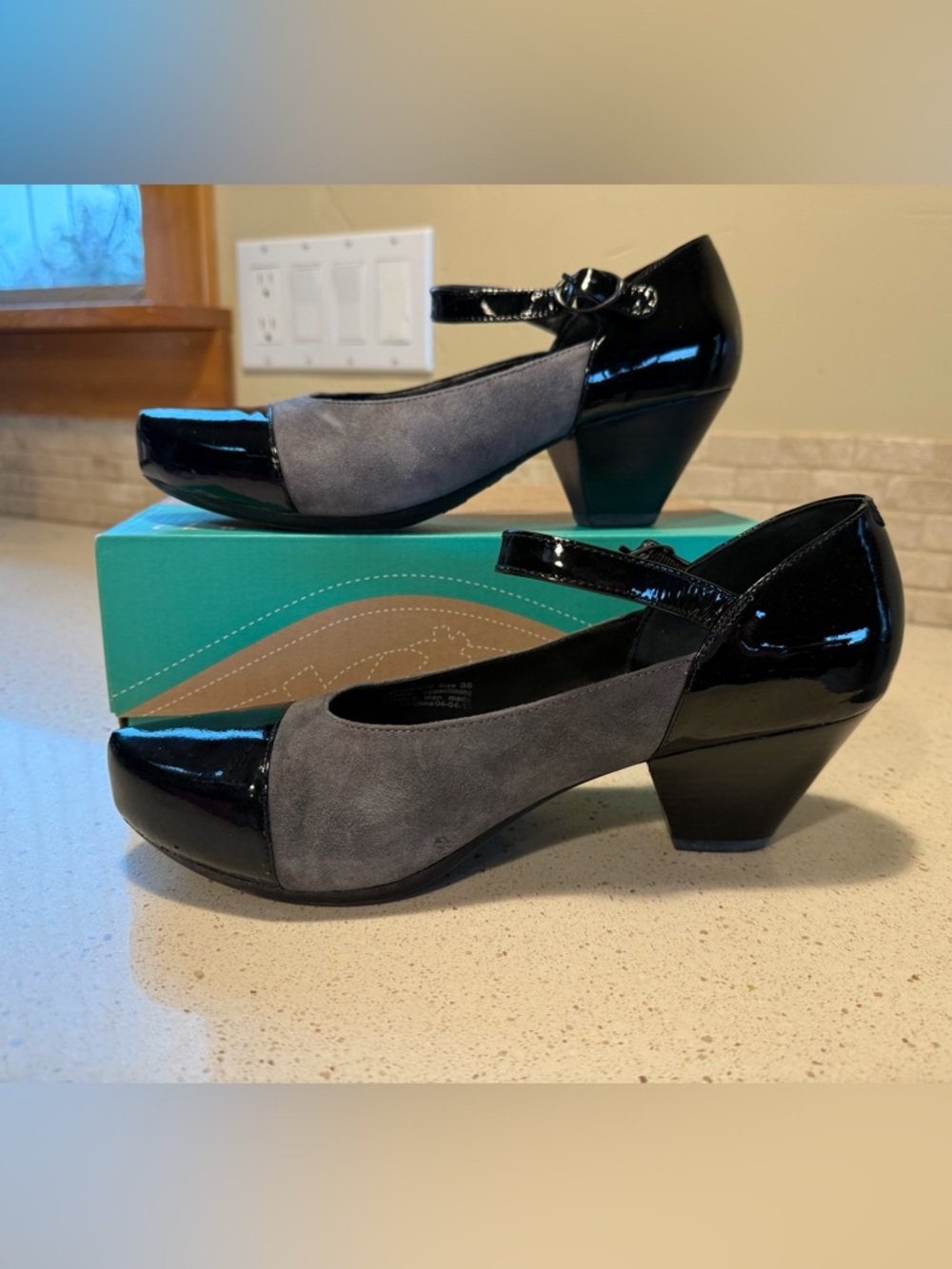 Dansko Charcoal Suede and Black Patent Mary Jane Heels